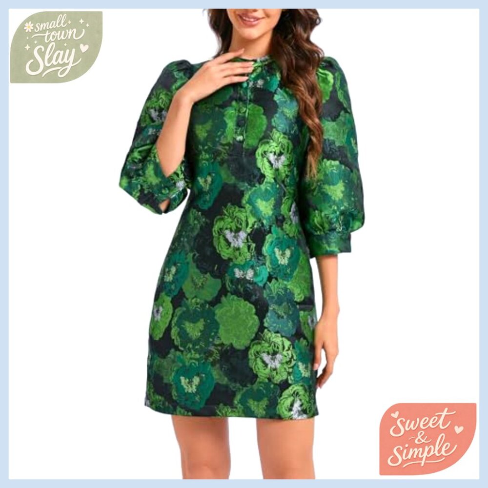 Floral Jacquard Shift Dress Long Puff Sleeve Button Up Cocktail Mini - Picture 5 of 7